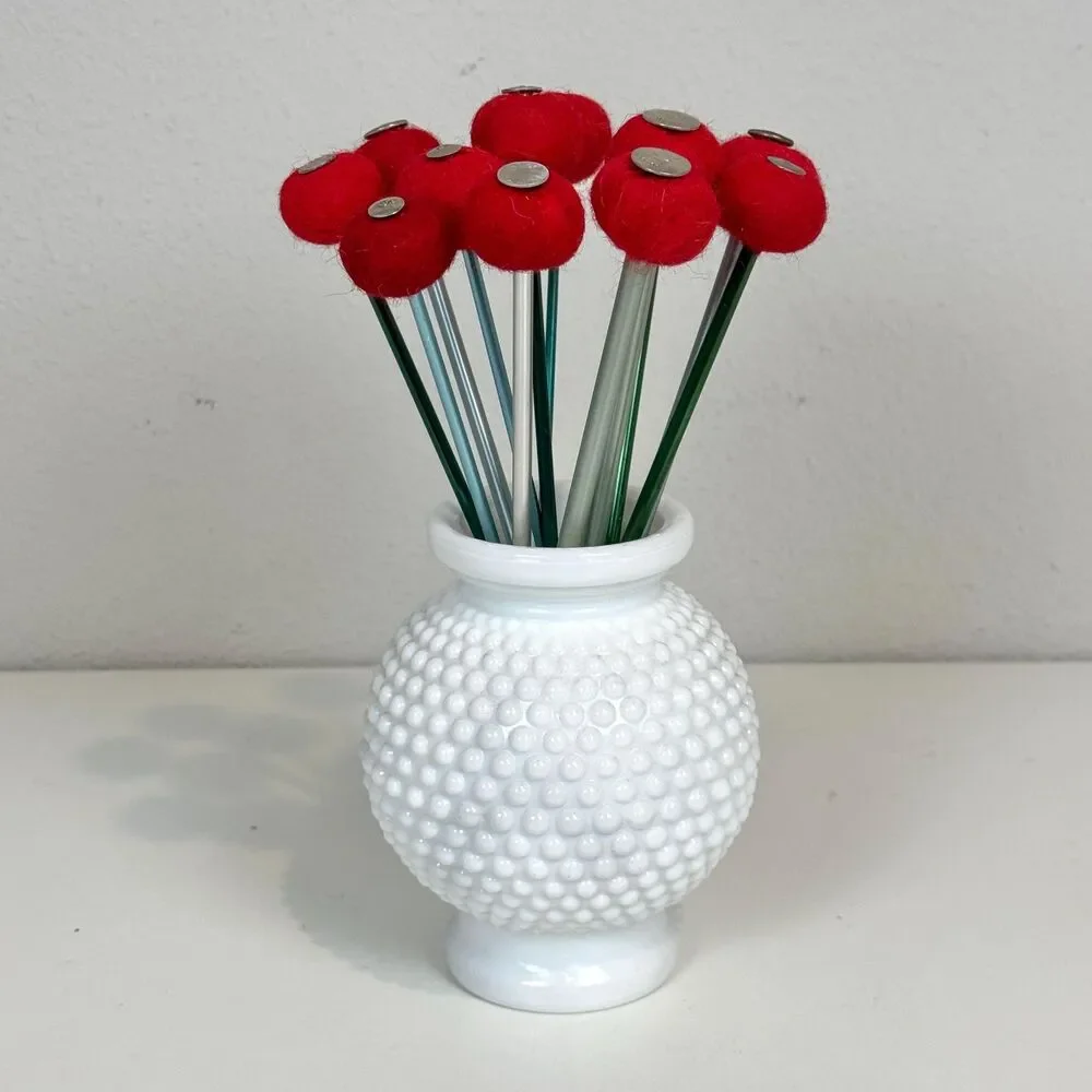 12 Handmade Felted Flowers Knitting Needle Craft Red 10”
